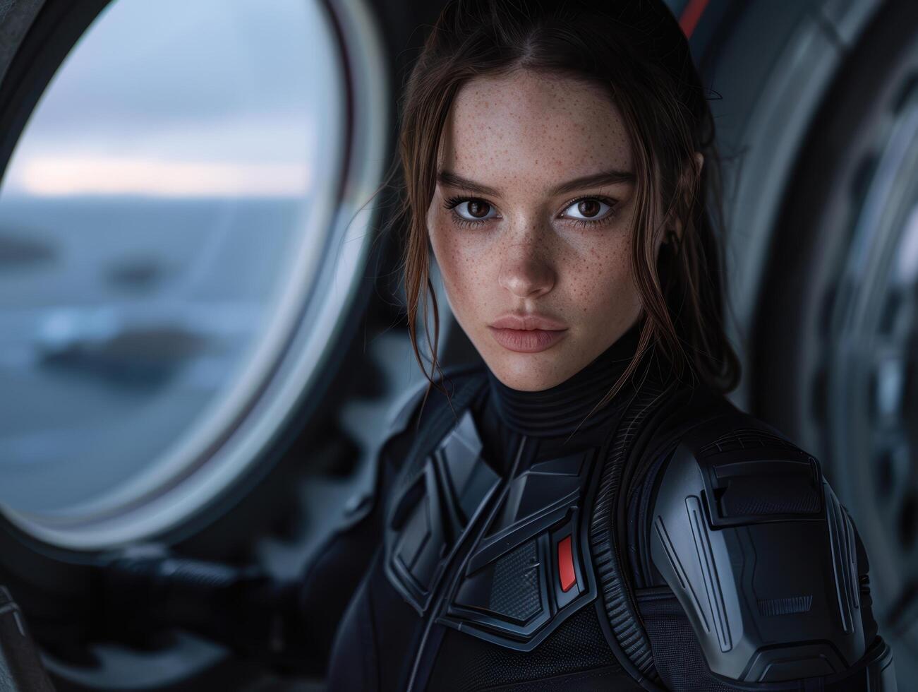 serious woman in futuristic spacesuit looking out window photo