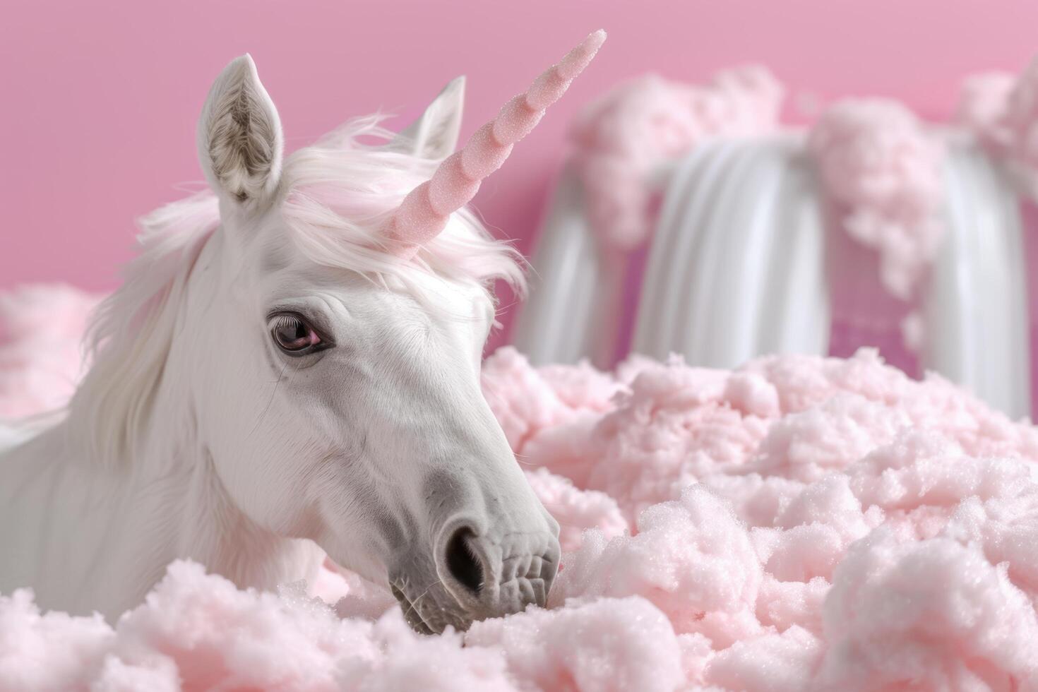 Majestic white unicorn in a dreamy pink cloud landscape photo