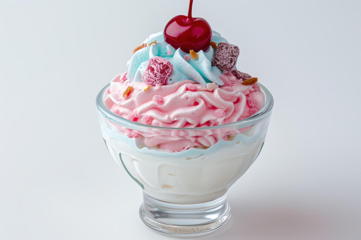 Delicious ice cream sundae with pink whipped cream, cherries, and candy toppings photo