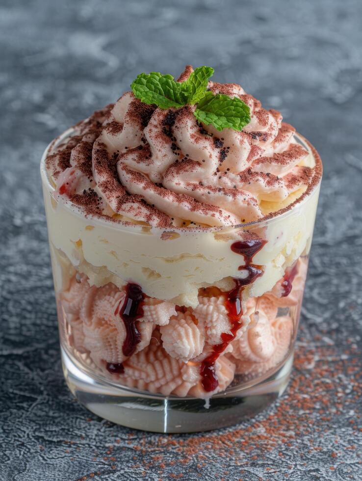 Delicious layered dessert with whipped cream and fresh mint photo