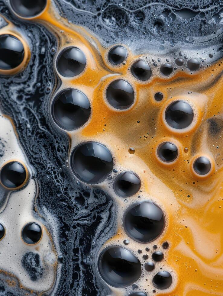 Macro shot of bubbles and foam in a dark liquid photo
