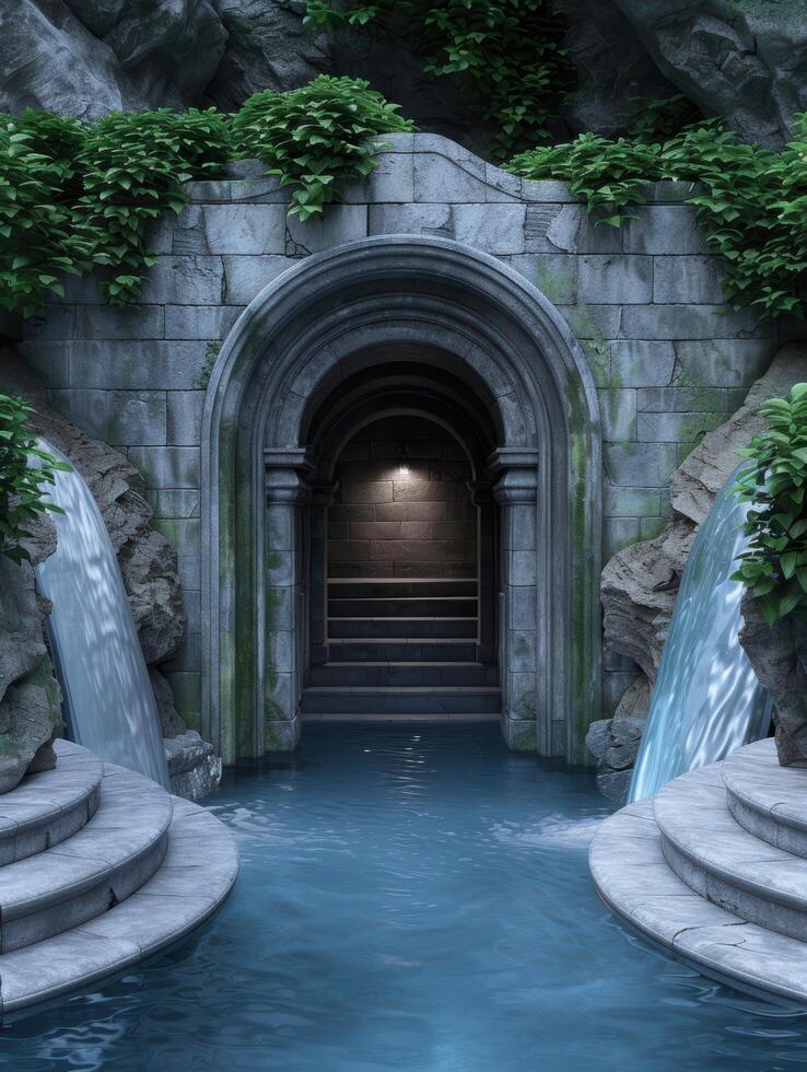 Enchanting Underwater Grotto with Cascading Waterfalls photo