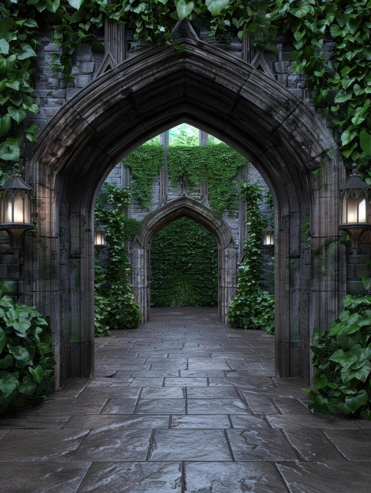 Enchanting gothic archway in lush garden photo