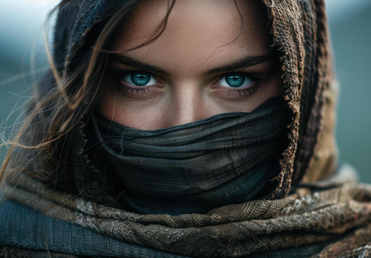 Mysterious woman with piercing blue eyes photo
