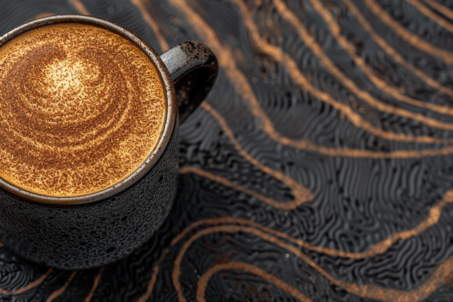 Closeup of a frothy coffee drink on a textured wooden surface photo
