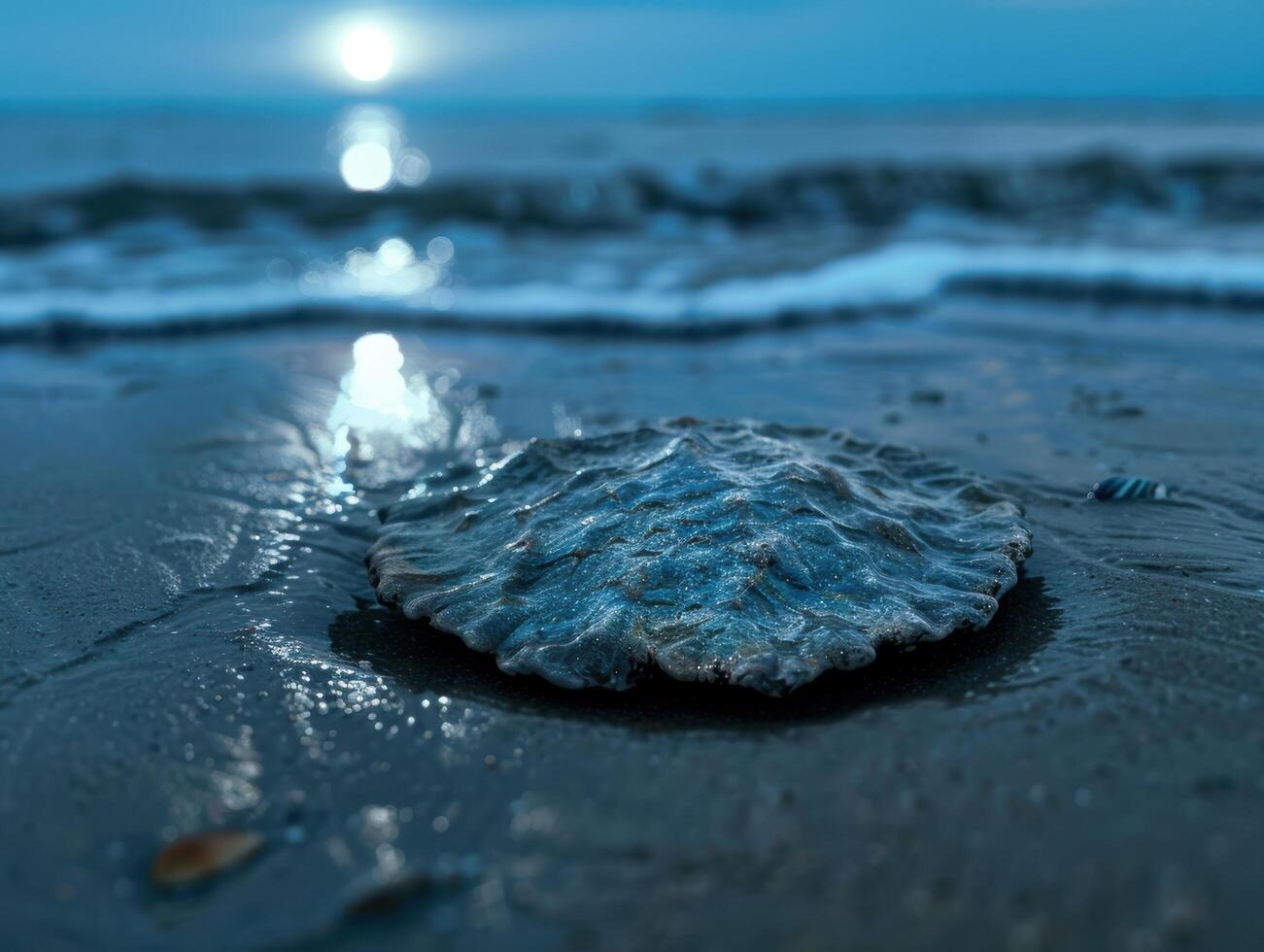 Serene ocean waves and a glowing rock at sunset photo