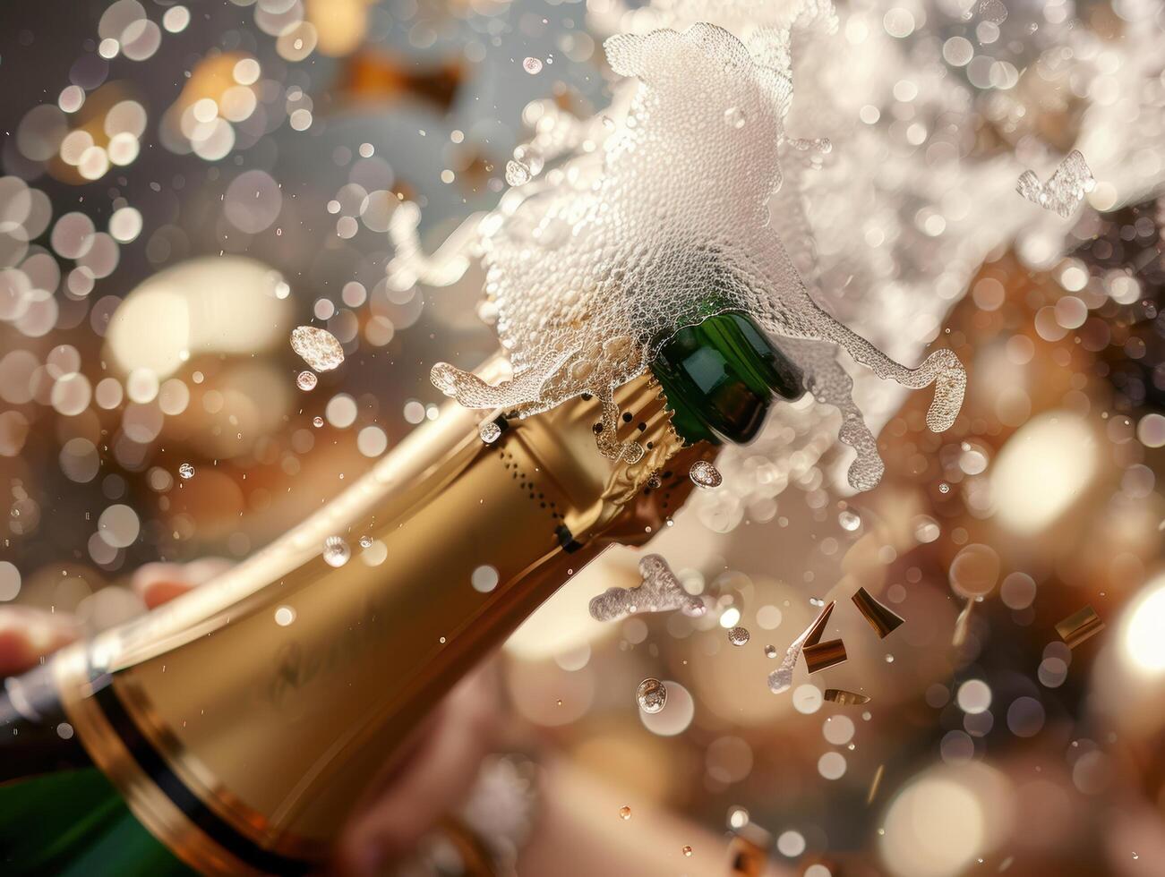 Champagne bottle popping with splashing bubbles photo