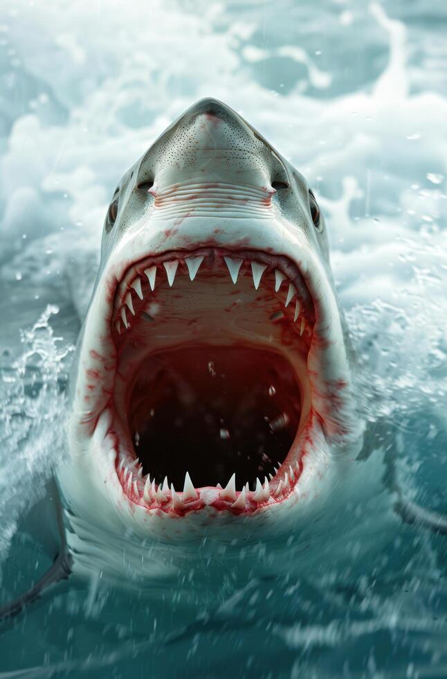 Ferocious shark with open mouth in turbulent waters photo
