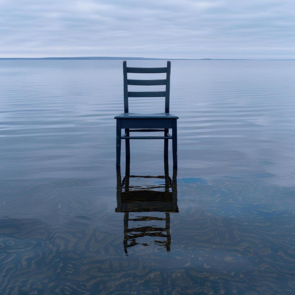 Serene lake with a lone chair photo