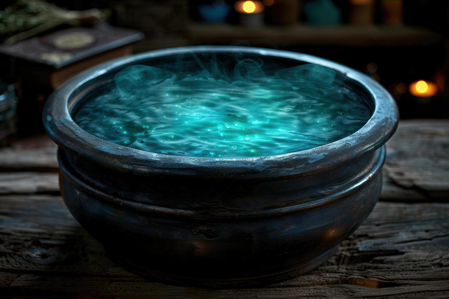 Mystical glowing water in a dark bowl photo