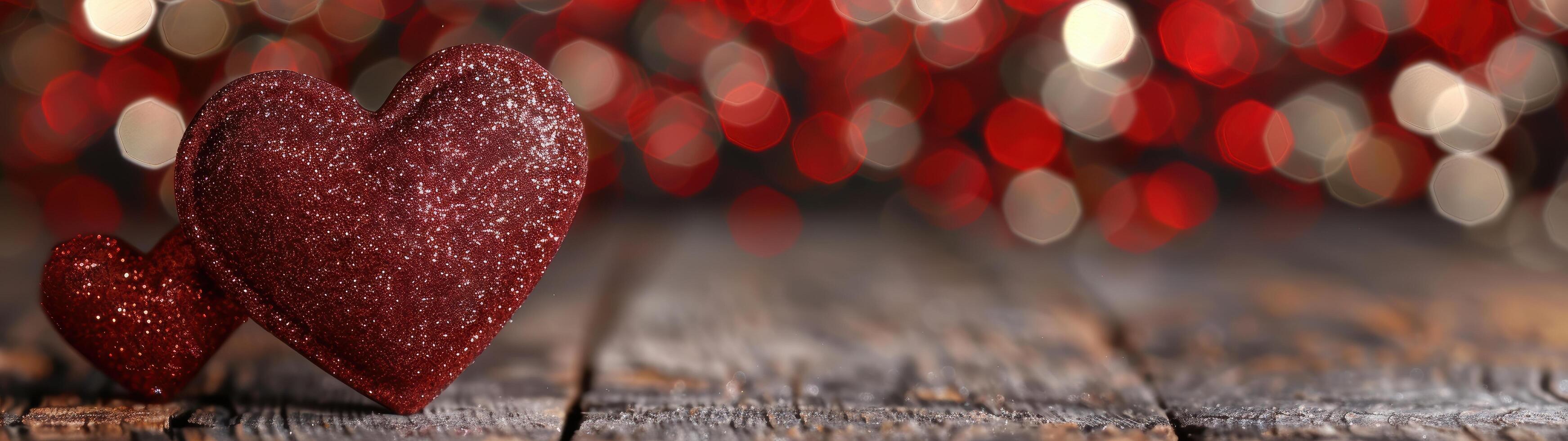 glittering red hearts on wooden background photo