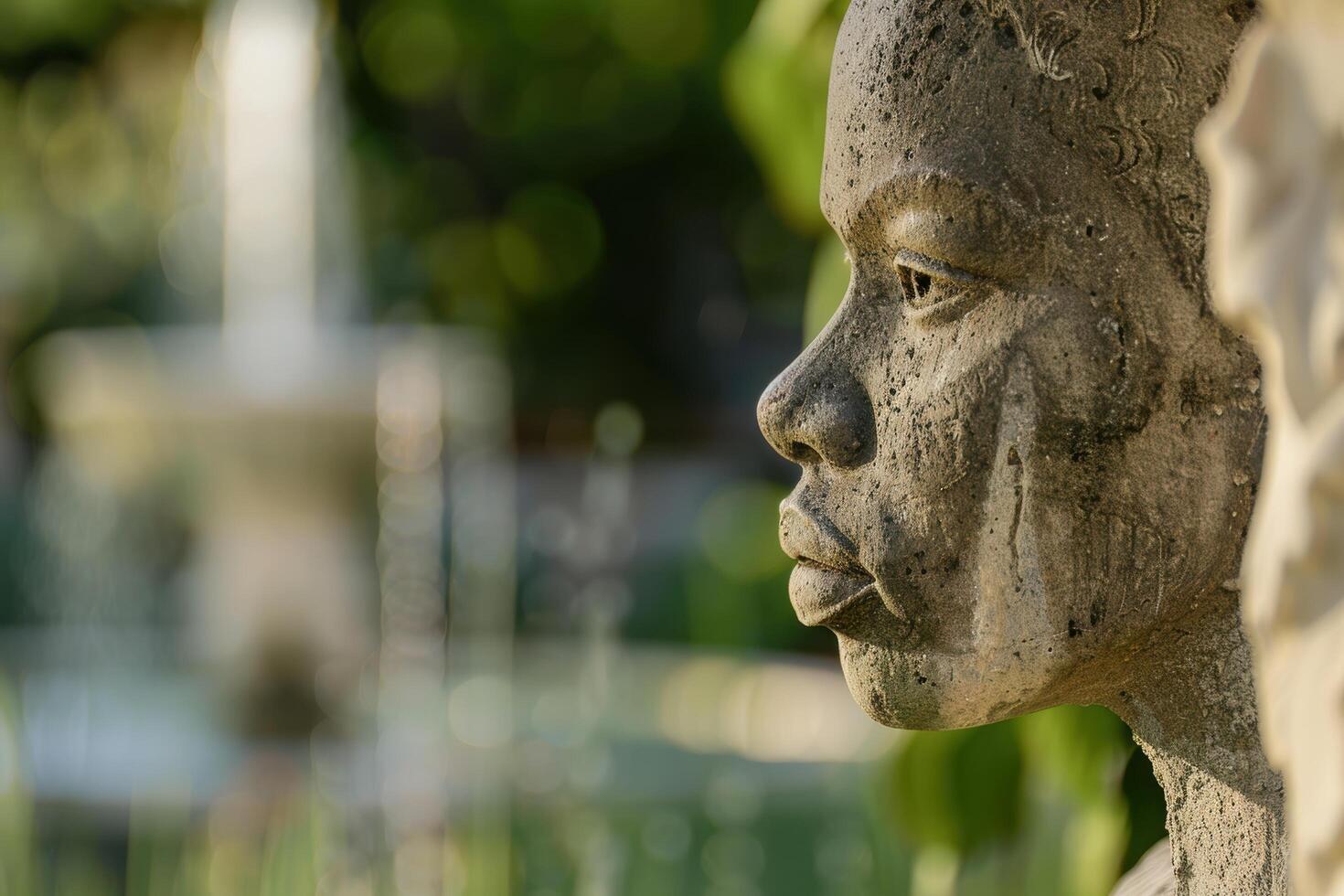 Close up of weathered stone face sculpture photo