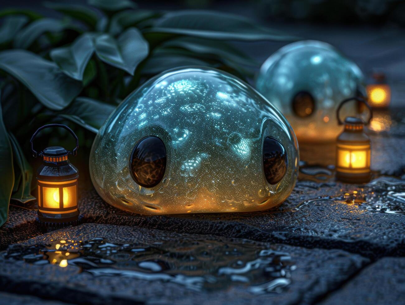 Mystical glass orbs with glowing lanterns in a dark forest setting photo