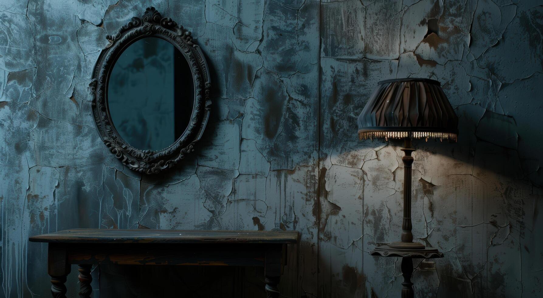 Vintage mirror and lamp in dark, moody room photo