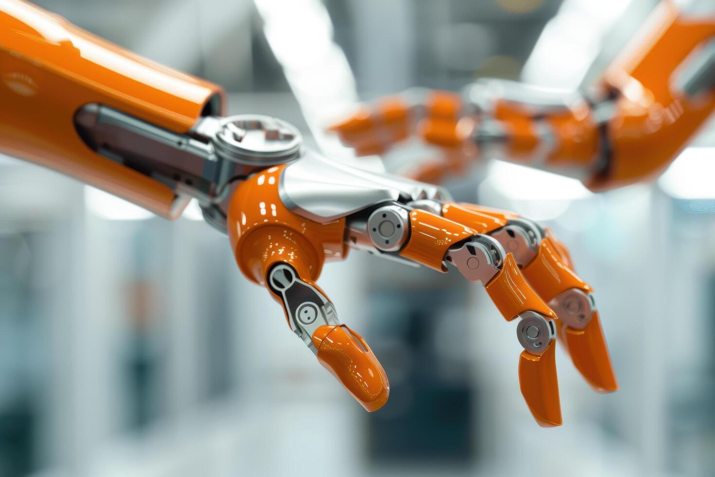 Close up of an orange robotic arm with mechanical joints photo
