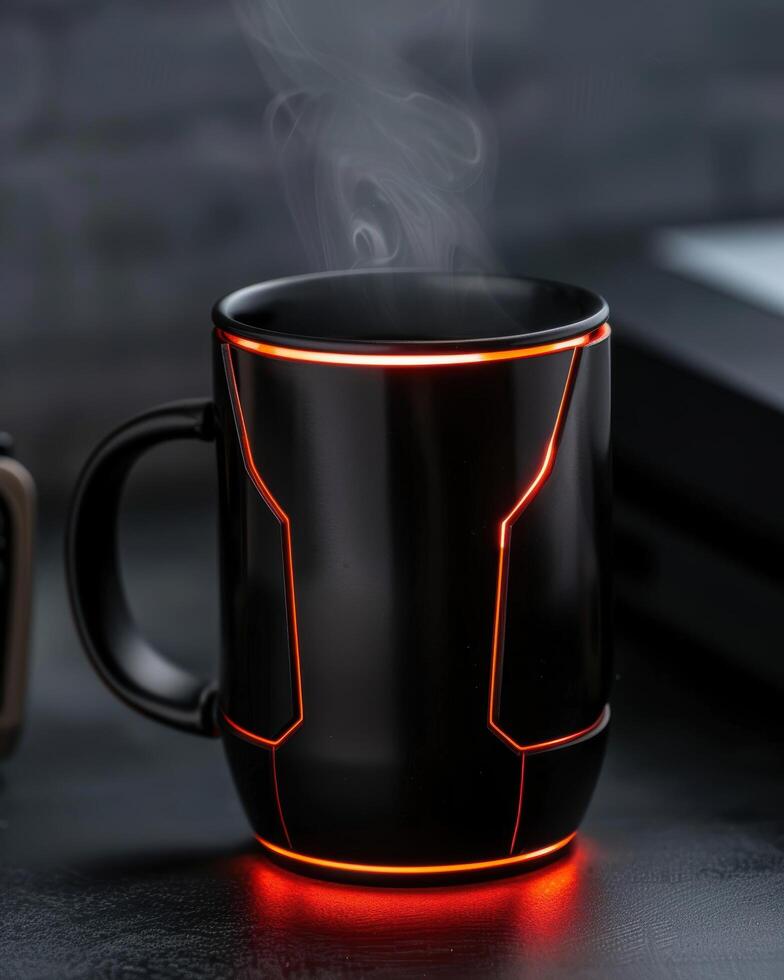 Steaming hot mug with glowing red lines photo