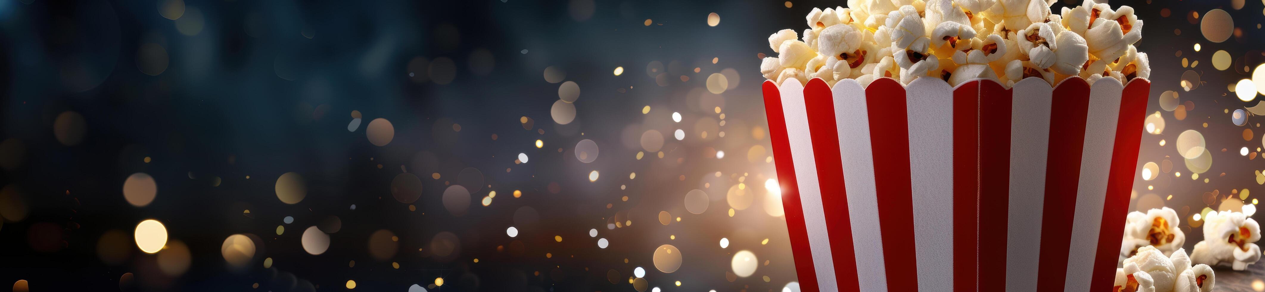 Popcorn on a dark background with sparkling lights photo