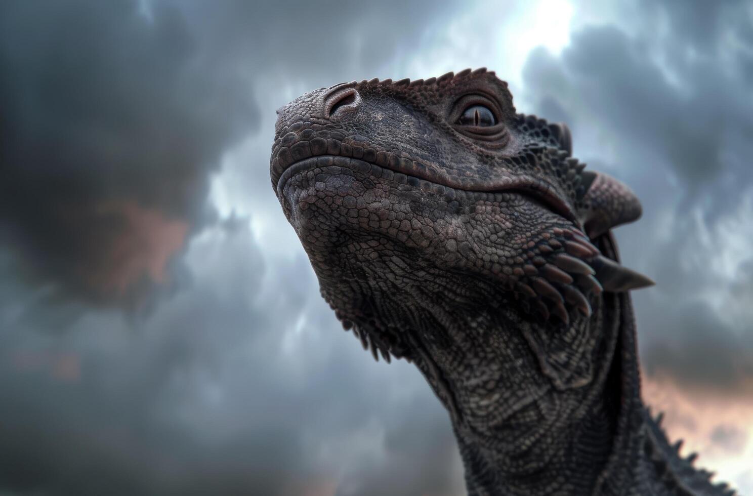 Close up of a fierce looking iguana against a stormy sky photo