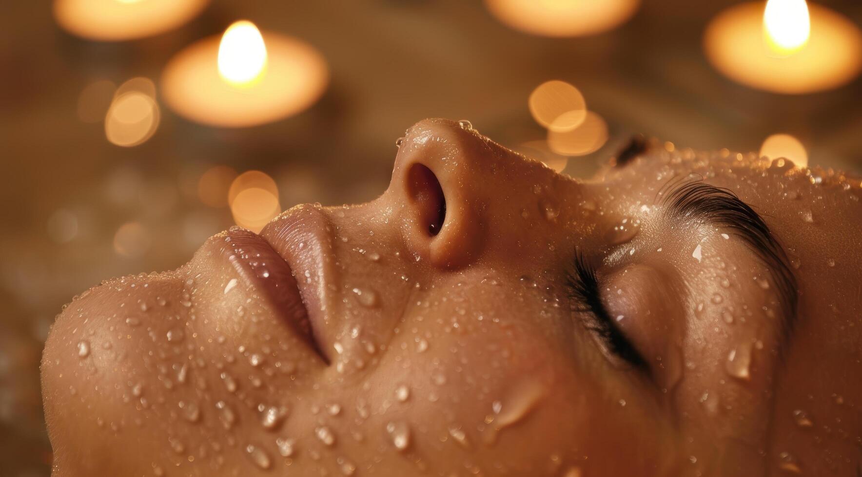 close up of a womans face with water droplets photo