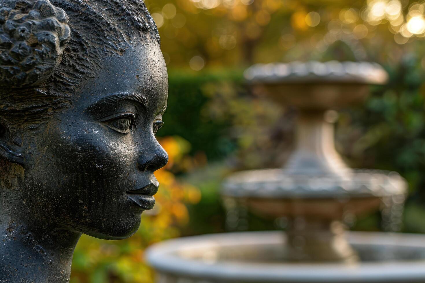 Serene bronze statue in tranquil garden photo