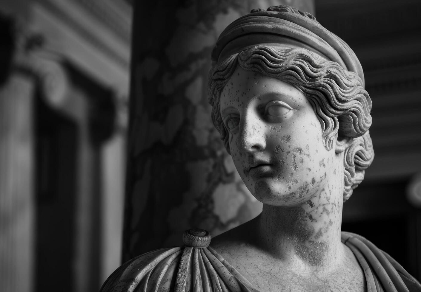 Weathered stone statue with intricate facial features photo