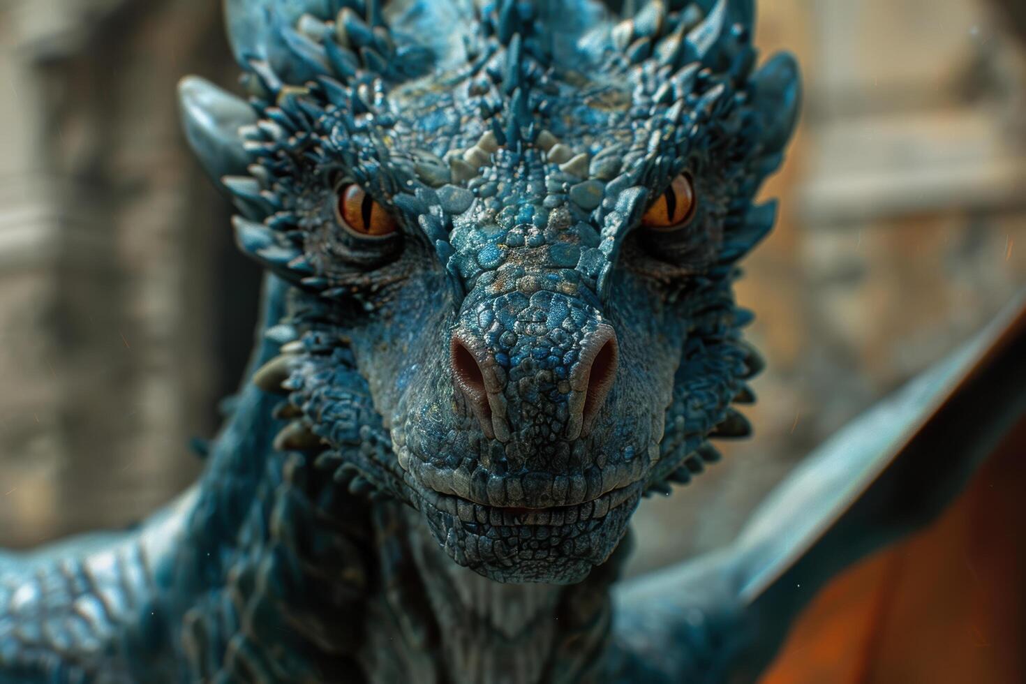 Close up of a blue dragons face photo