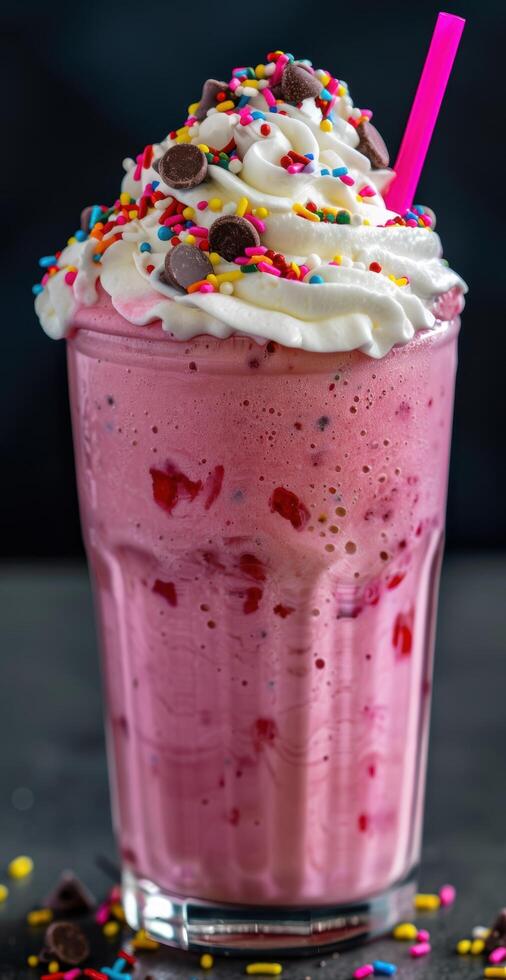 Colorful milkshake with whipped cream and sprinkles photo