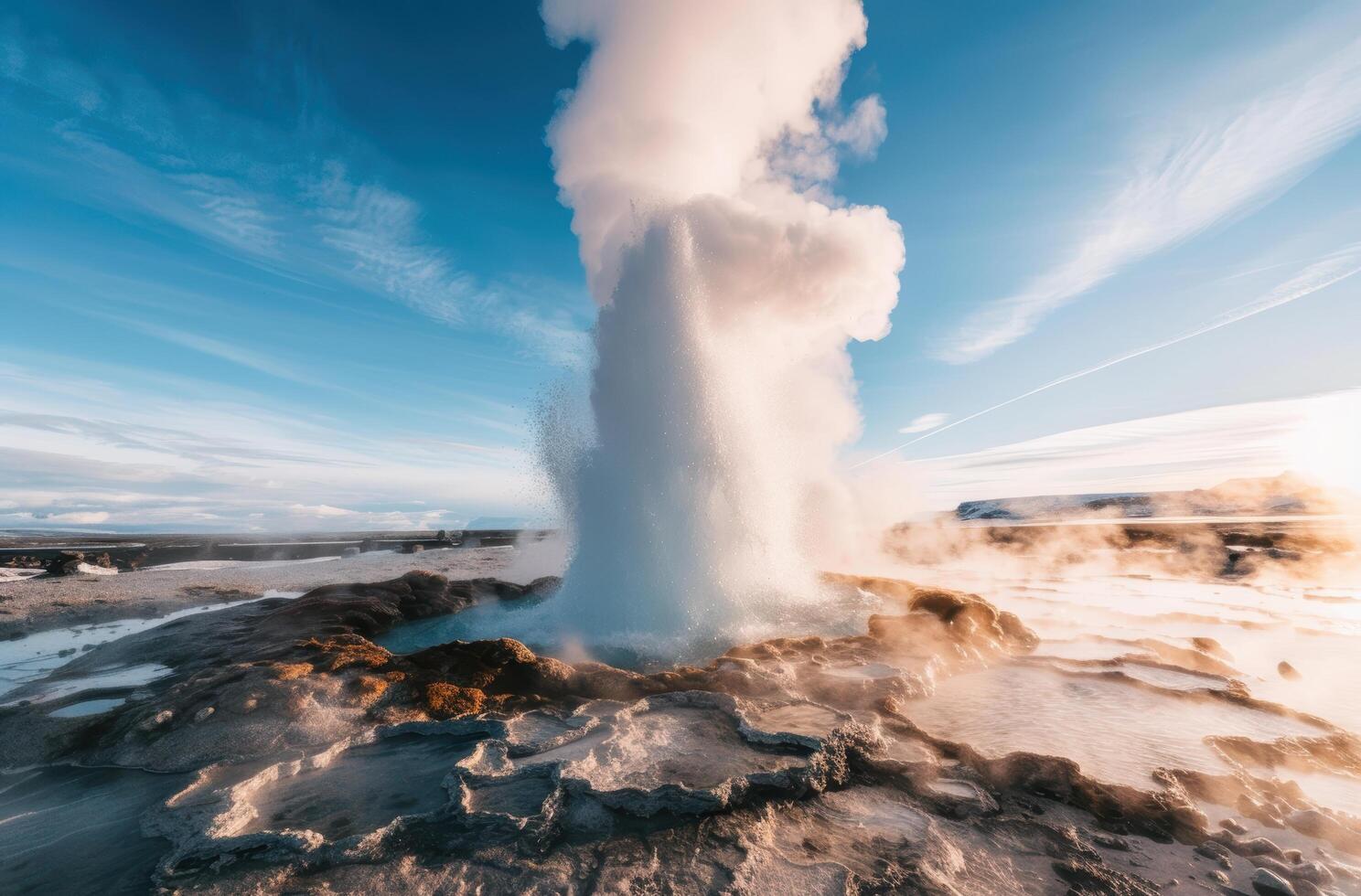 Powerful geyser eruption in natural landscape photo