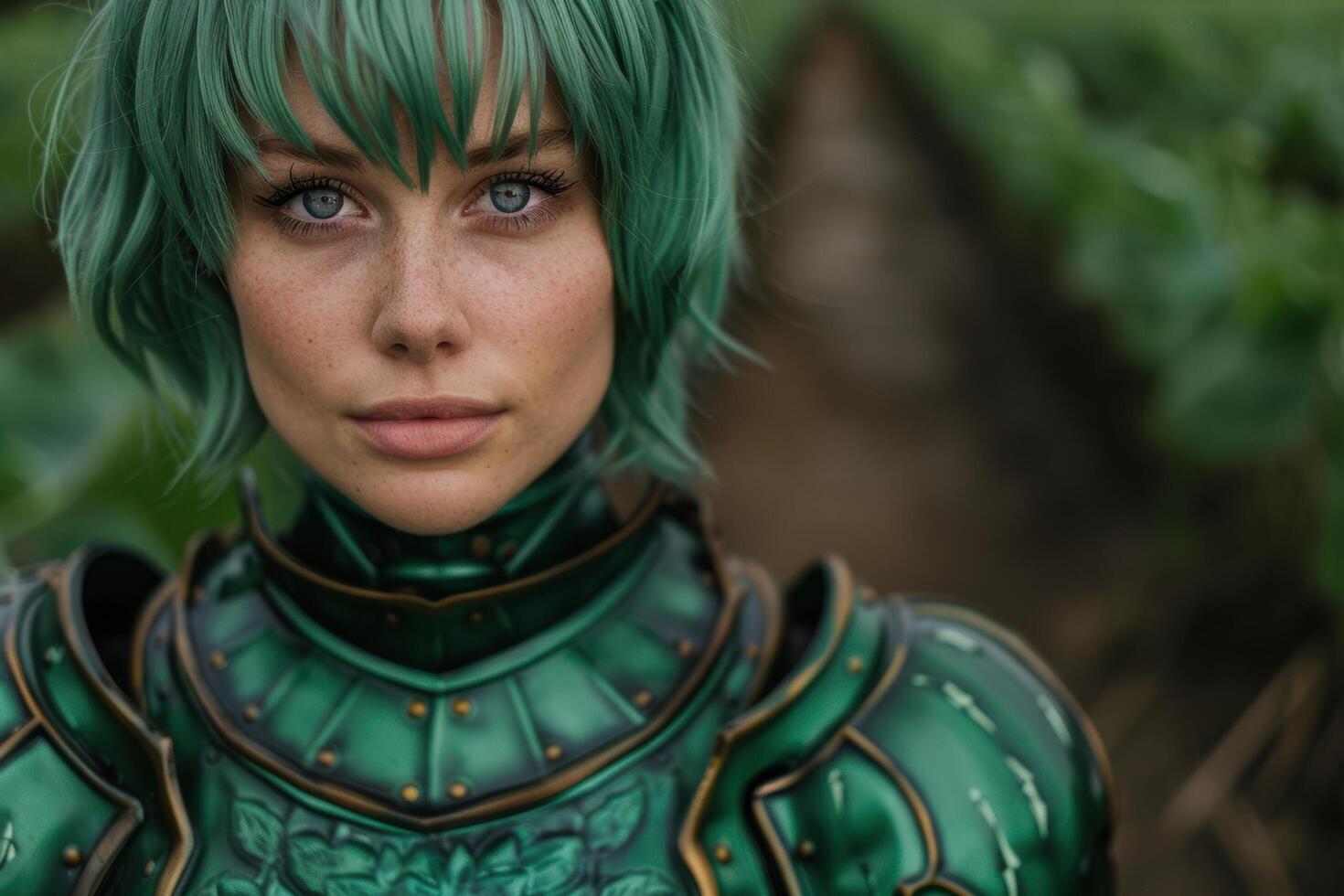 Mysterious warrior with vibrant green hair photo
