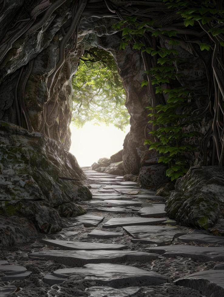 Mysterious forest path through rocky archway photo