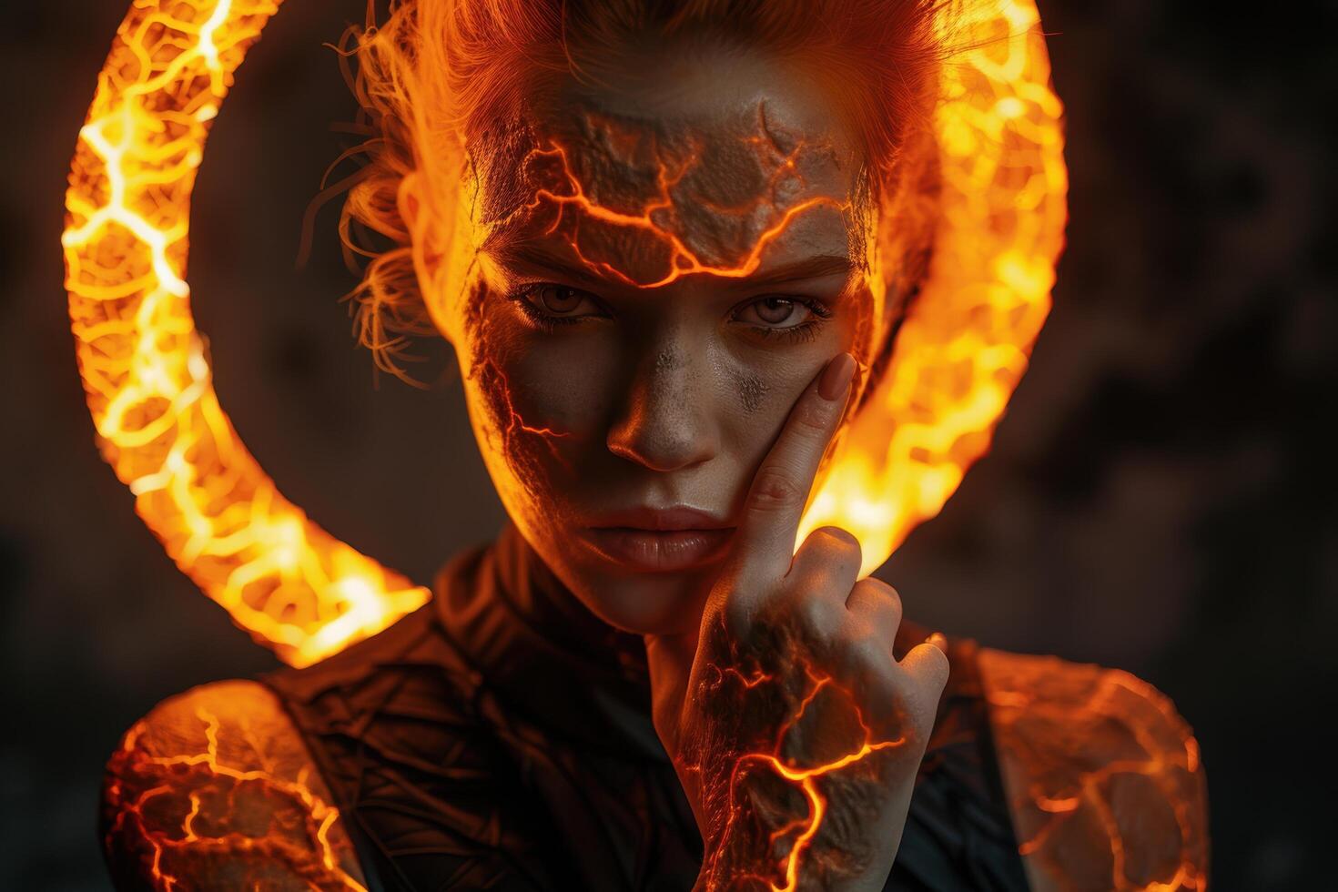 Fiery superhero portrait with intense expression photo