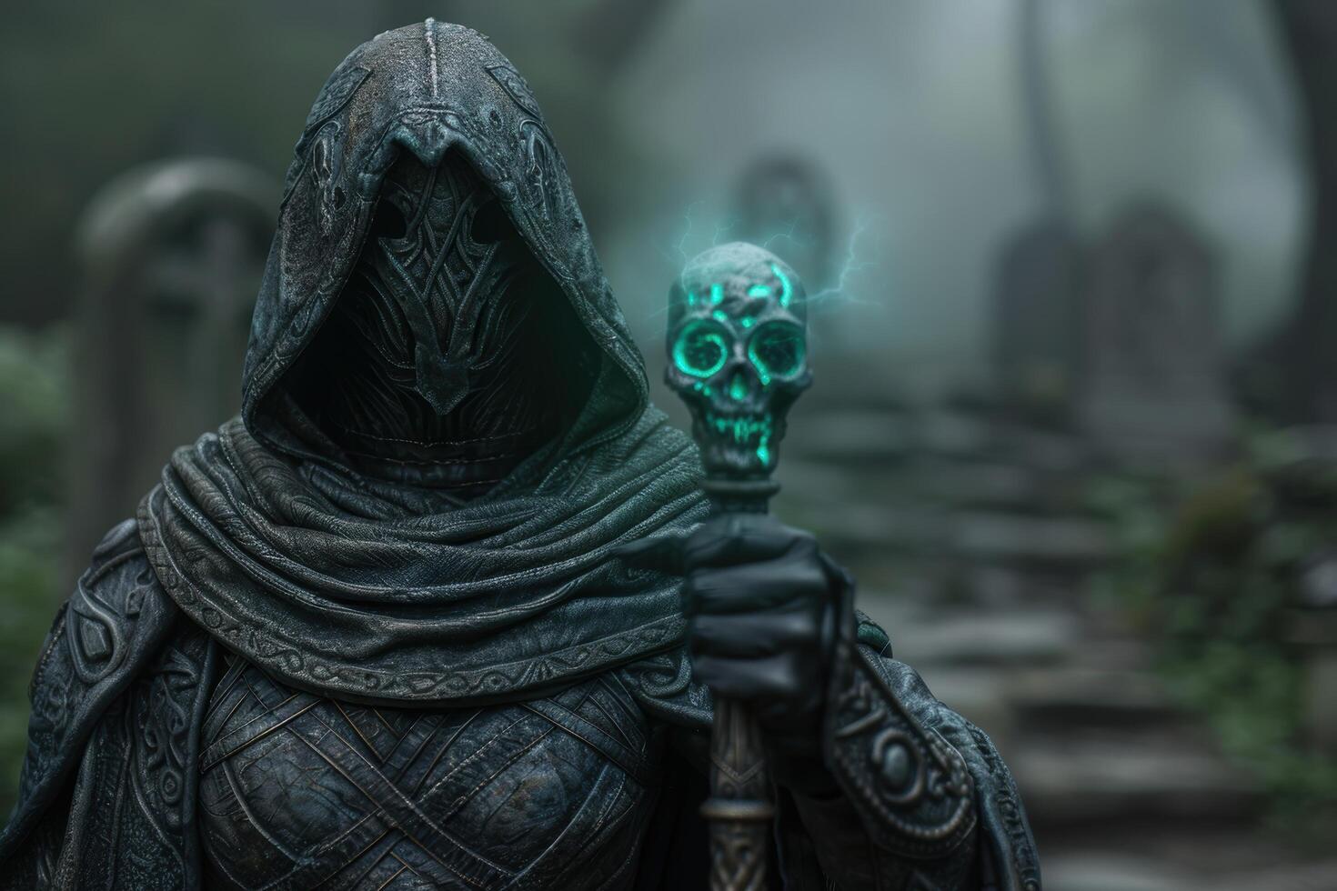 Mysterious hooded figure with glowing skull photo