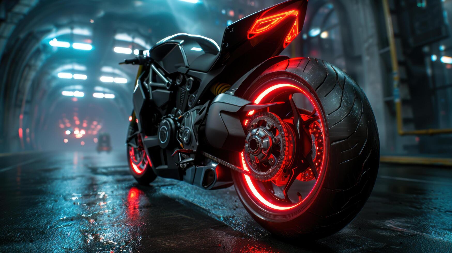 Futuristic motorcycle with glowing red lights in a dark, rainy city photo