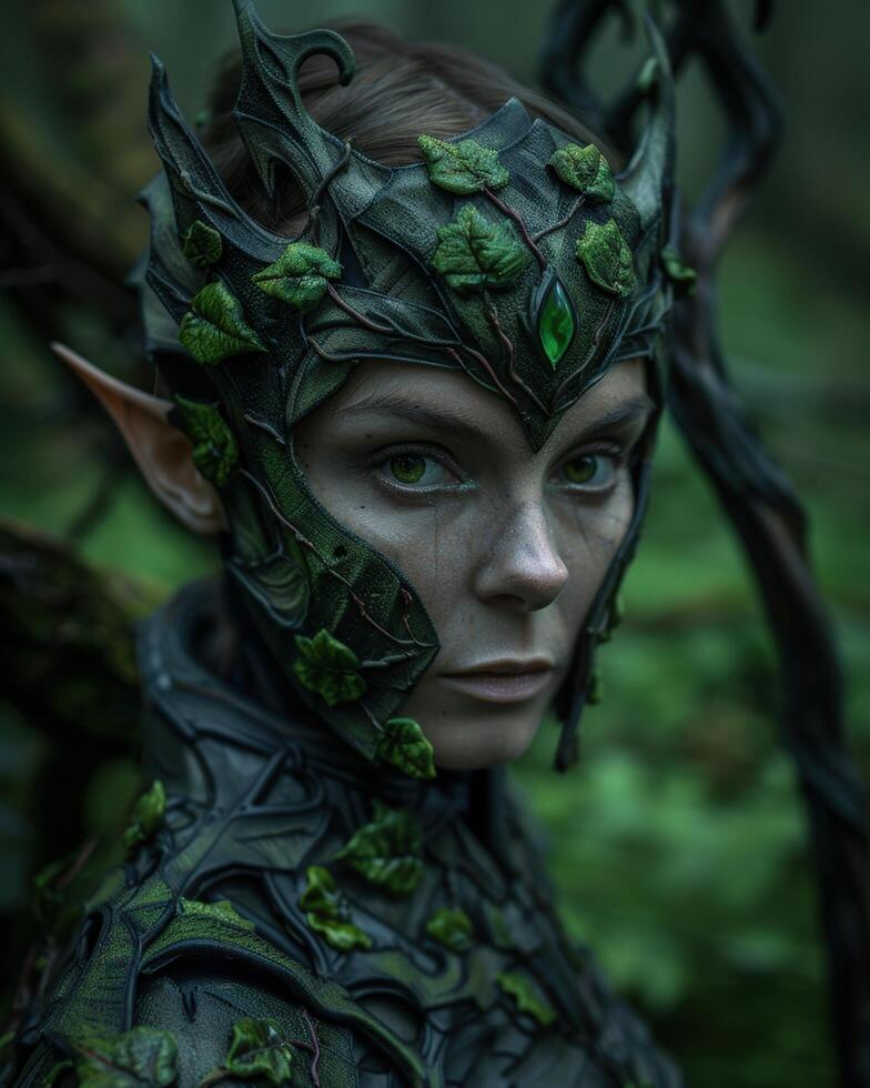 mysterious forest elf with intricate leaf crown photo