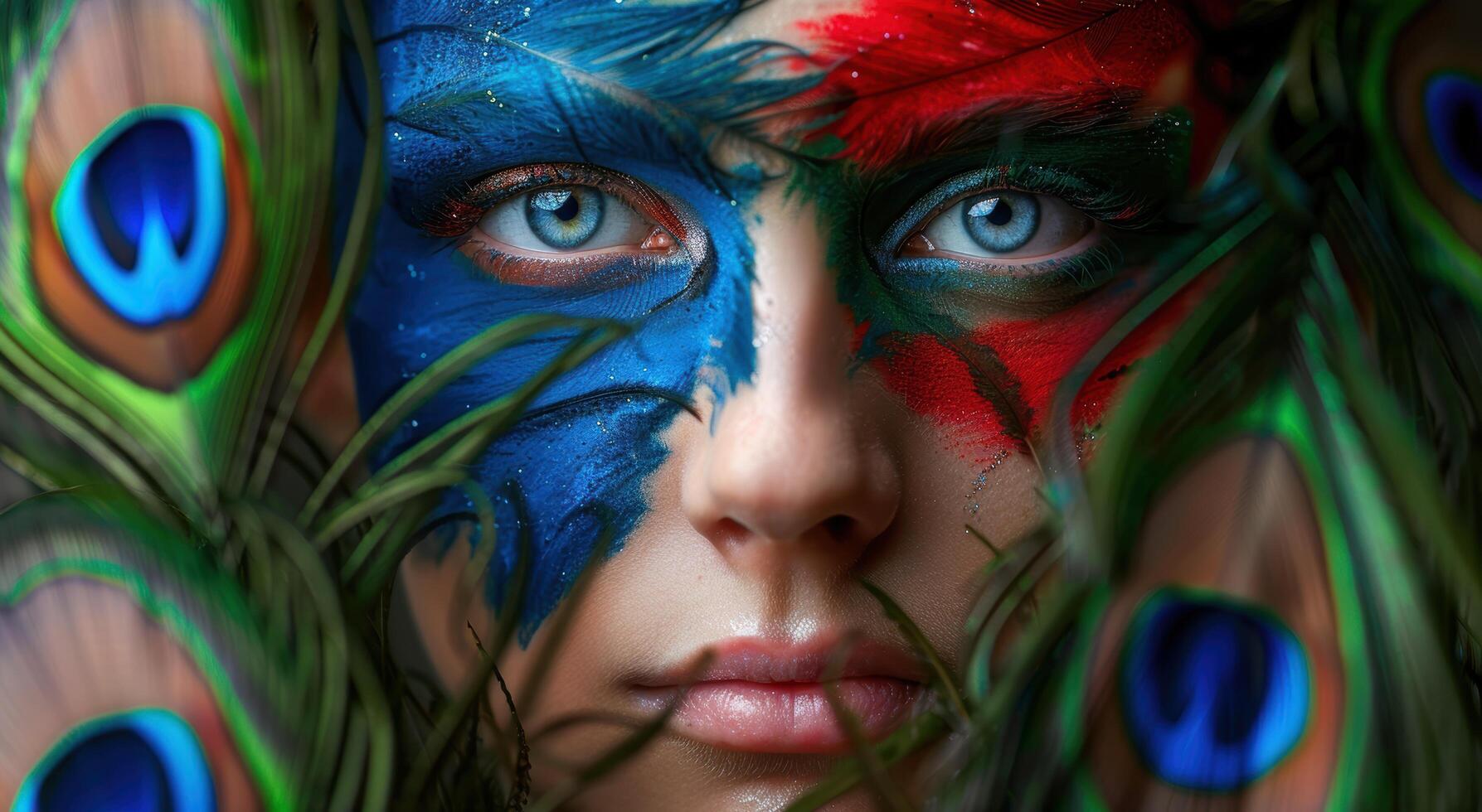 Colorful face makeup with peacock feathers photo