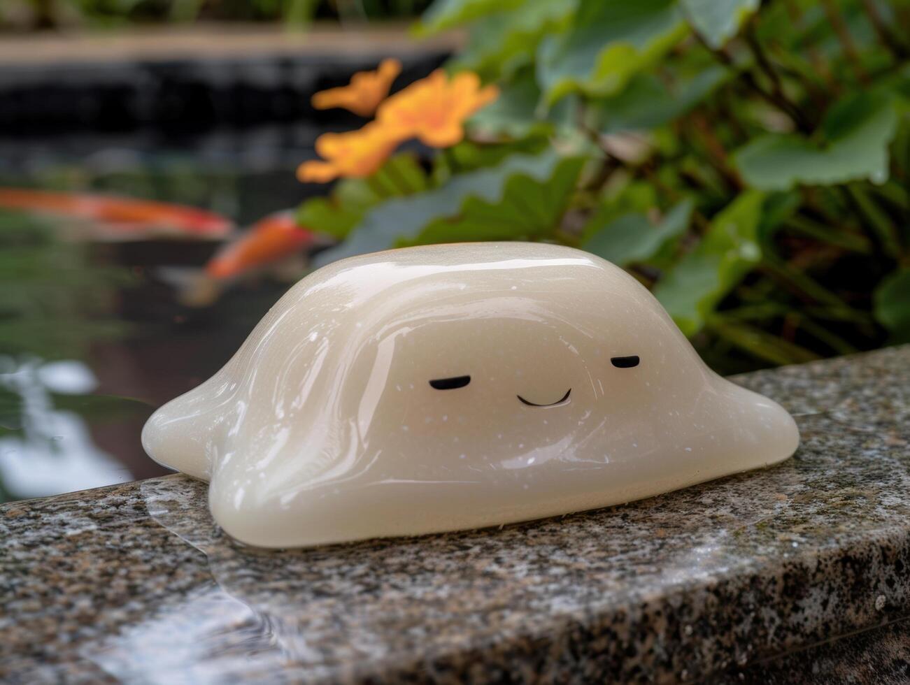 Cute and whimsical ceramic figurine in a garden setting photo