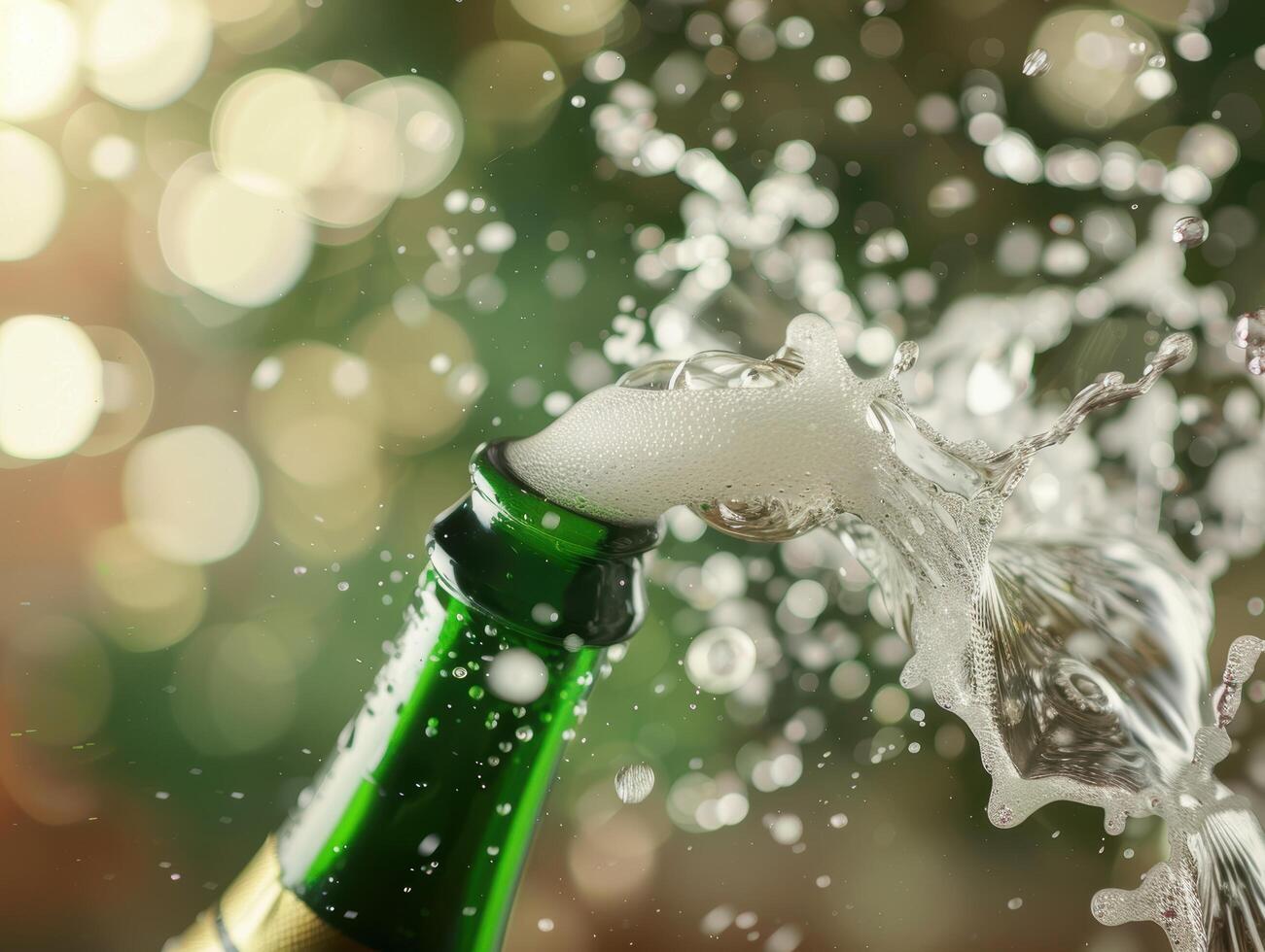 Champagne bottle popping with splashing bubbles photo