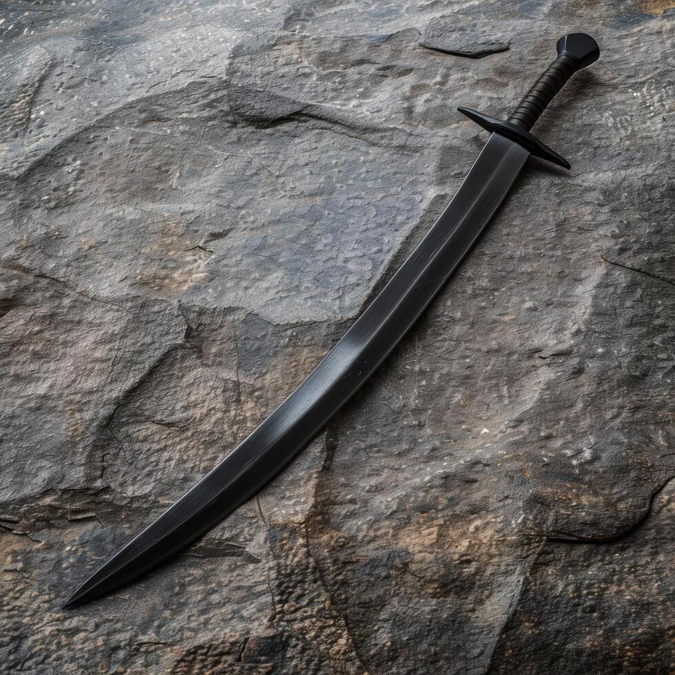 Mysterious medieval sword on rocky surface photo