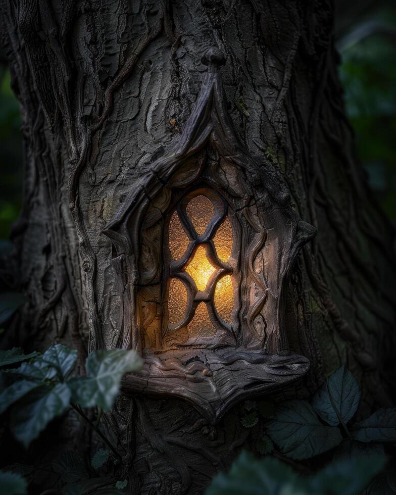 Mysterious glowing fairy door in tree trunk photo