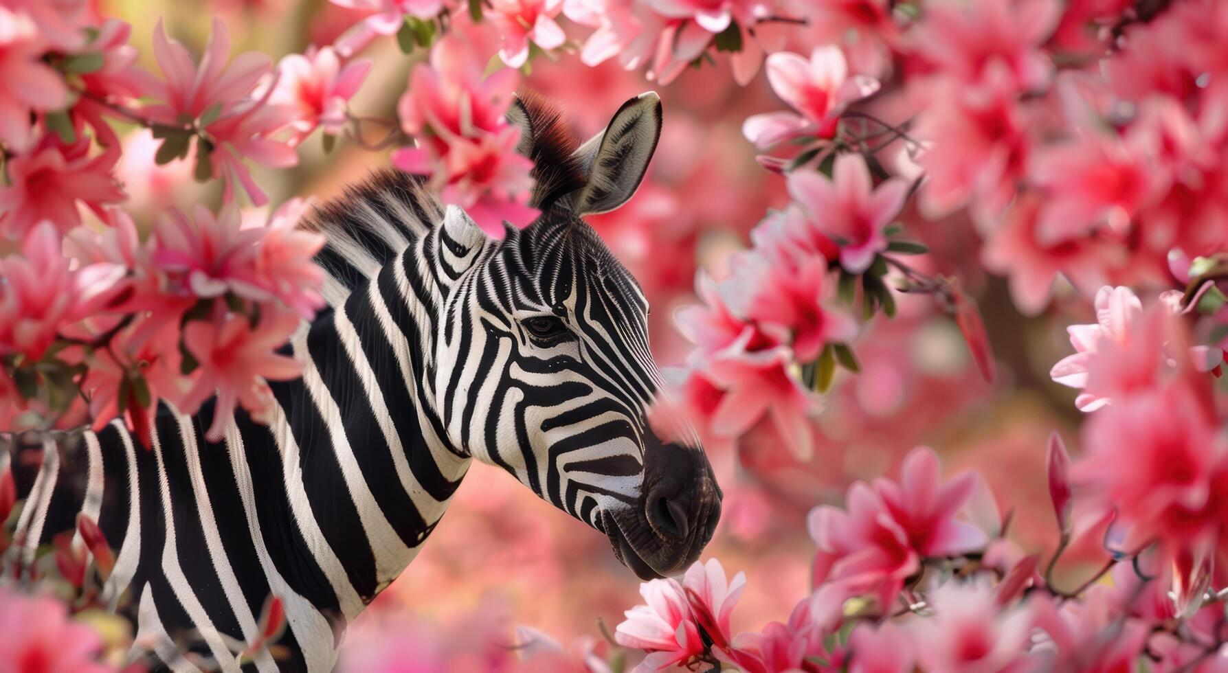zebra in pink floral field photo