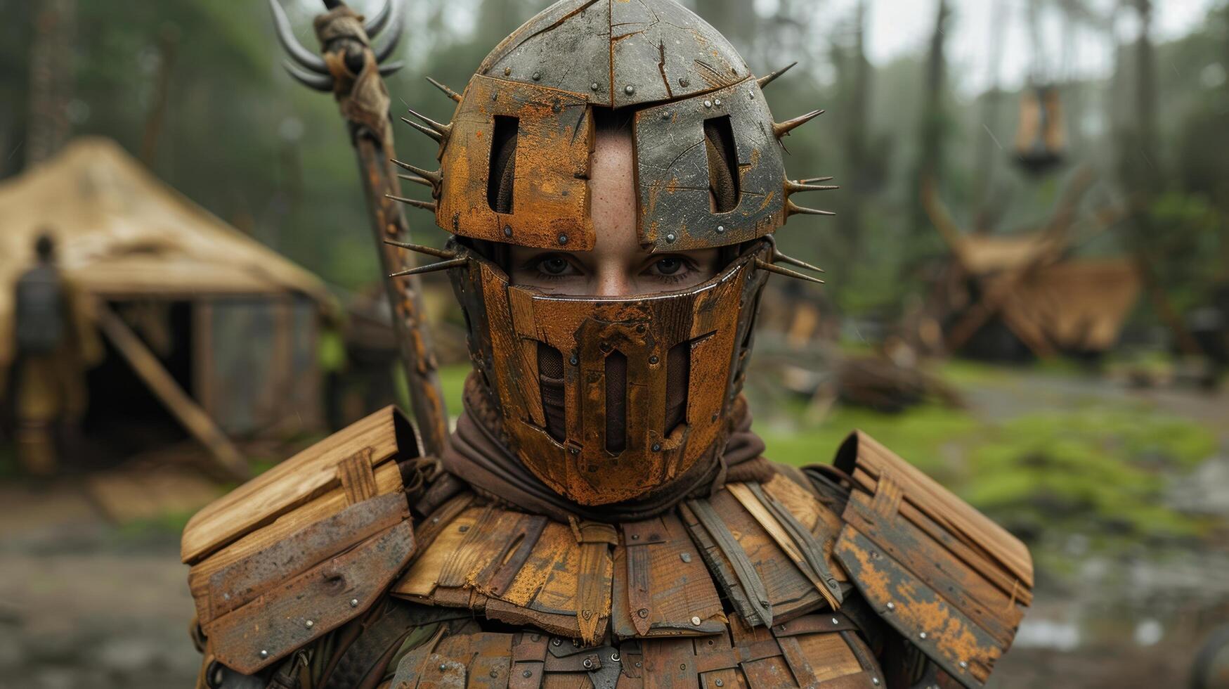 Mysterious warrior in post apocalyptic armor photo