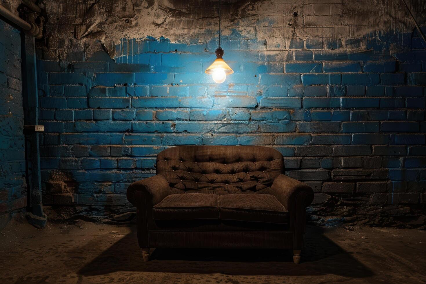 Cozy living room with brick wall and hanging lamp photo
