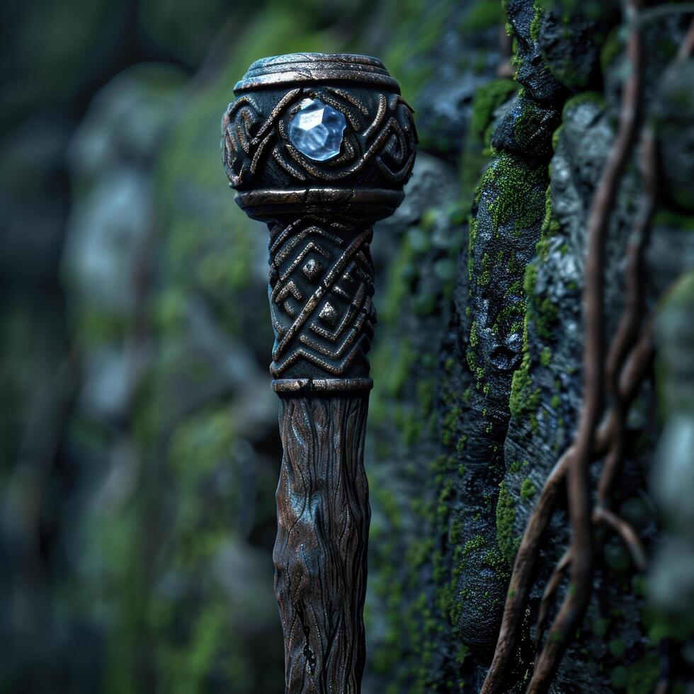 Ornate wooden walking stick with intricate carved patterns and a crystal gemstone photo
