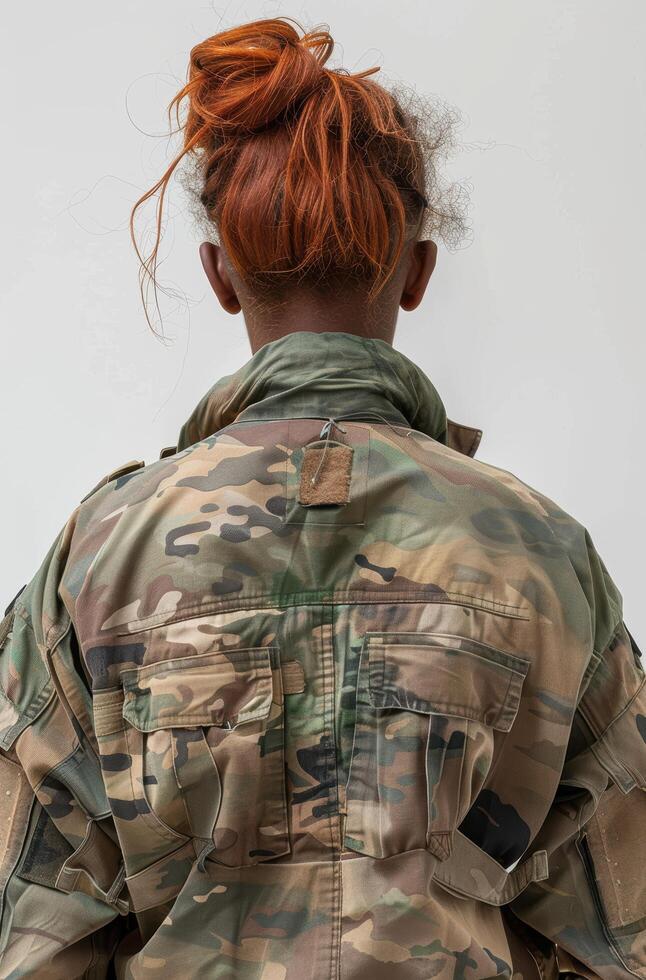 Rear view of soldier with red hair in military uniform photo