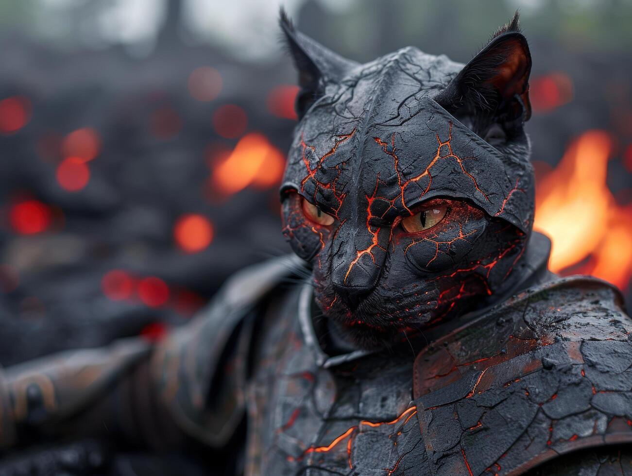 Fiery demonic cat creature in dark forest photo