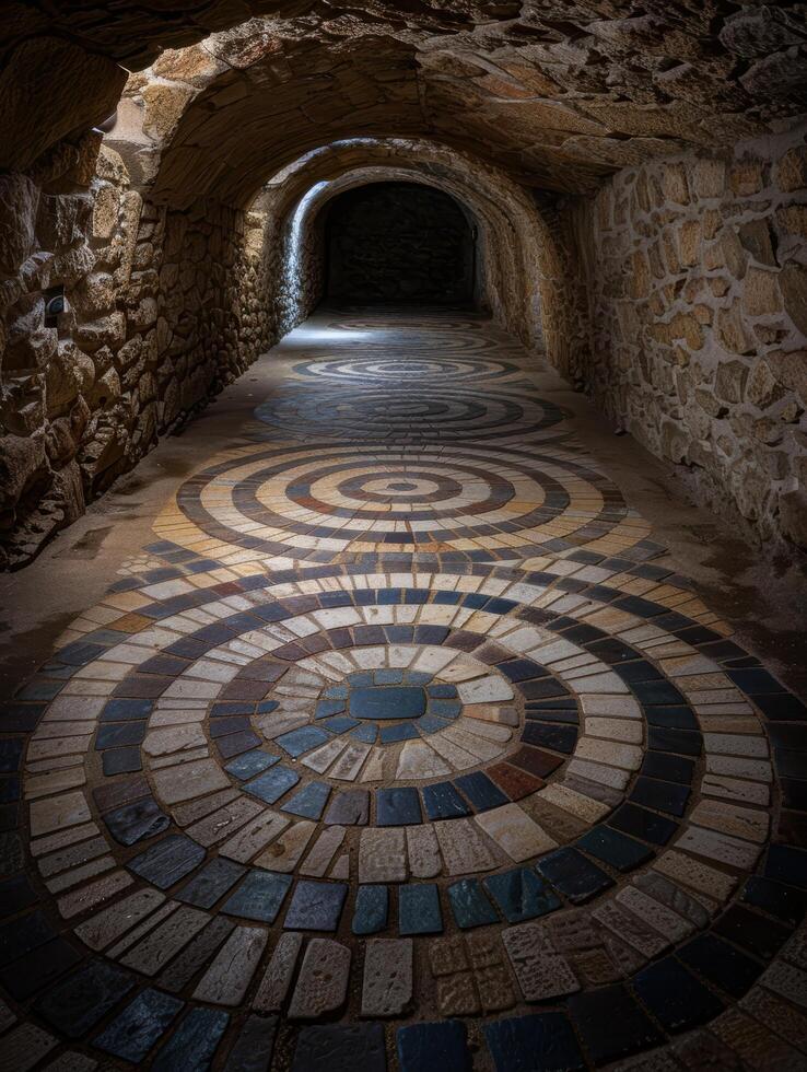 Intricate mosaic pattern in an ancient stone tunnel photo