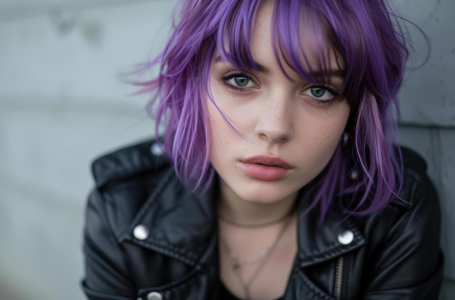 Stylish young woman with vibrant purple hair photo