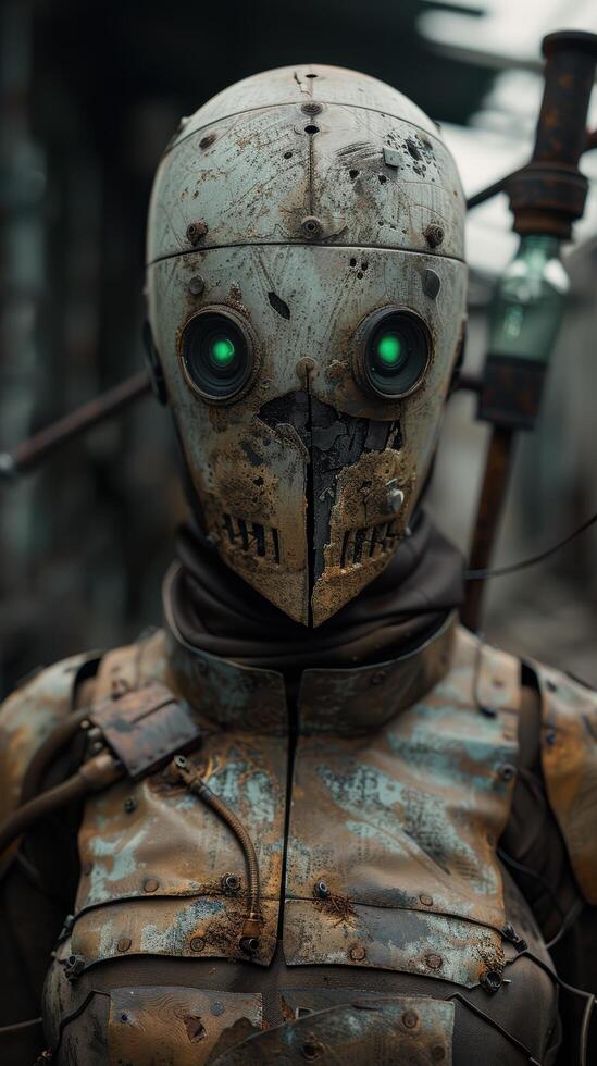 Futuristic robot with glowing green eyes photo