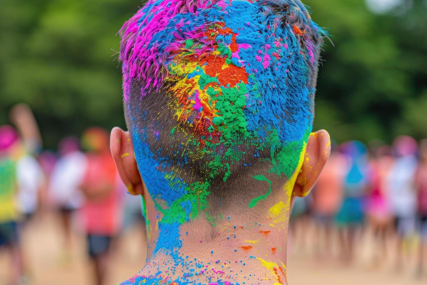 Colorful and vibrant paint splashed on a persons head photo