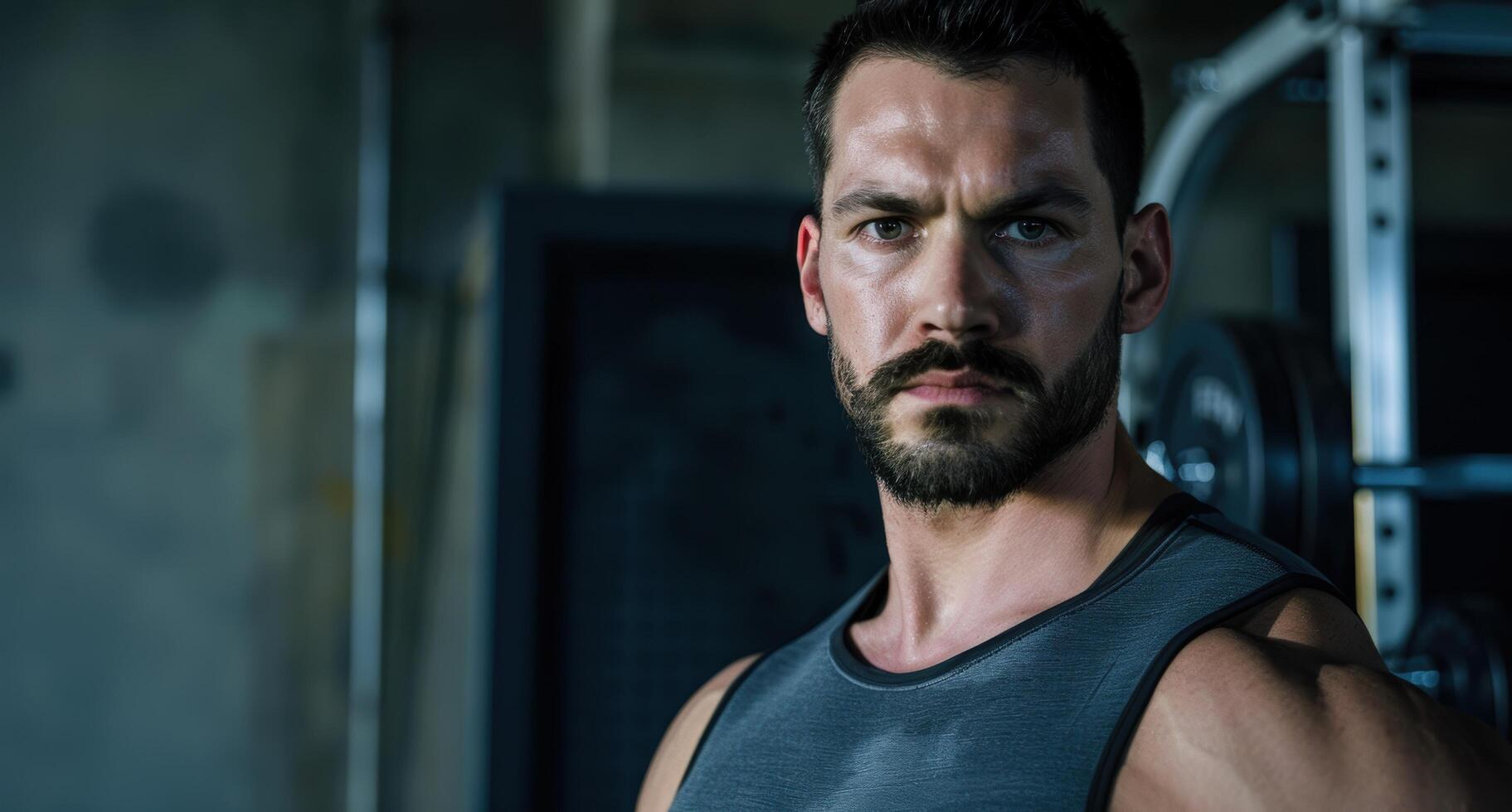 Intense man with beard in a gym photo